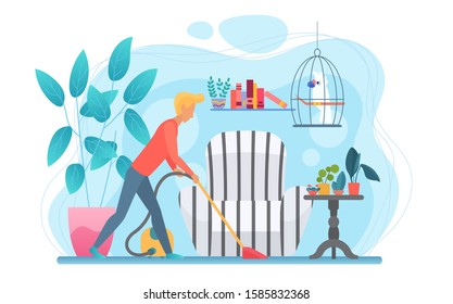 Man doing household chores flat vector illustration. Faceless guy cleaning apartment. Male figure with vacuum cleaner. Ccartoon character tidying up house. Living room interior with pet parrot