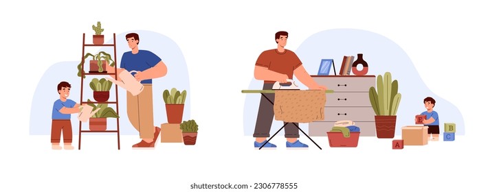 Man doing household chores together with kid, flat vector illustration isolated on white background. Set of scenes of father watering plants and ironing clothes with his son.