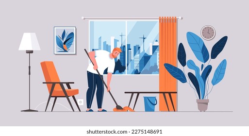 El hombre está haciendo tareas domésticas. El tipo con equipo de limpieza, mop, rag, cubo está lavando el suelo en el apartamento. Ilustración de dibujos animados de carácter plano.