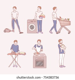 A man doing housework hand drawn illustrations. vector doodle design 