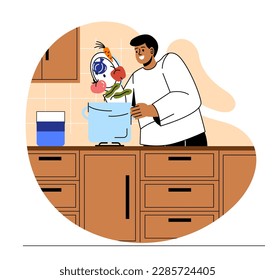 Man doing housework. Young guy with plate and saucepan and fresh vegetables. Natural and organic products. Novice chef preparing soup in kitchen. Cartoon flat vector illustration