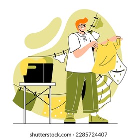 Hombre haciendo tareas domésticas. Un chico joven cuelga su ropa para secarla. Trabajo doméstico y rutina. Rope con pinzas de tela con ropa interior y camisa amarilla. Dibujo vectorial plano de dibujos animados