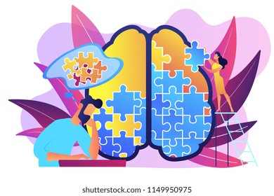 Man doing human brain puzzle. Psychology and psychotherapy session, mental healing and wellbeing, therapist counselling mental illness and difficulties violet palette. Vector isolated illustration.