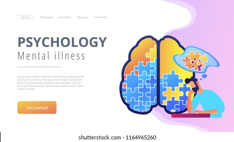 Man doing human brain puzzle. Psychology and mental illness landing page. Psychotherapy and mental healing, therapist counselling, mental difficulty violet palette. Vector isolated illustration.