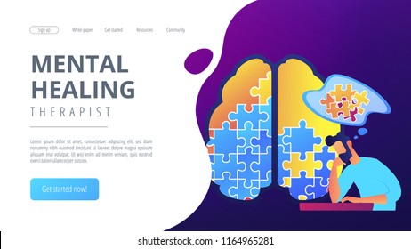 Man doing human brain puzzle. Mental healing therapist landing page. Psychology and psychotherapy, therapist counselling and mental difficulties. Vector illustration on ultraviolet background.