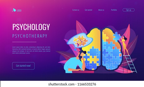 Man doing human brain puzzle. Psychology and psychotherapy landing page. Mental healing and wellbeing, therapist counselling, mental difficulties. Vector illustration on ultraviolet background.