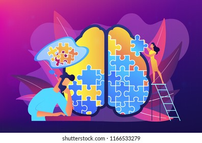 Man doing human brain puzzle. Psychology and psychotherapy session, mental healing and wellbeing, therapist counselling mental illness and difficulties. Vector illustration on ultraviolet background.