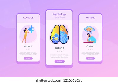 Man doing human brain puzzle. Psychology and psychotherapy landing page. Mental healing and wellbeing, therapist counselling, mental difficulties. UI UX GUI app interface template.
