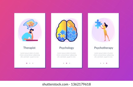 Man doing human brain puzzle. Psychology and psychotherapy landing page. Mental healing and wellbeing, therapist counselling, mental difficulties. UI UX GUI app interface template.