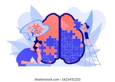 Man doing human brain puzzle. Psychology and psychotherapy session, mental healing and wellbeing, therapist counselling mental illness and difficulties violet palette. Vector isolated illustration.