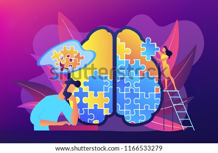 Man doing human brain puzzle. Psychology and psychotherapy session, mental healing and wellbeing, therapist counselling mental illness and difficulties. Vector illustration on ultraviolet background.