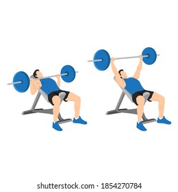 Man doing incline barbell bench press exercise. Flat vector illustration isolated on white background. Workout character