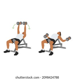 Man doing Incline bench dumbbell flyes exercise. Flat vector illustration isolated on white background