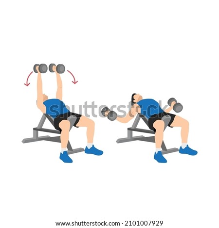 Man doing Incline bench dumbbell flyes exercise. Flat vector illustration isolated on white background