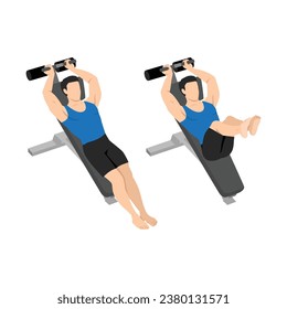 Man doing incline bench reverse crunch exercise. Flat vector illustration isolated on white background