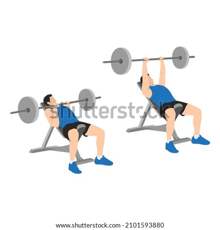 Man doing Incline Close grip barbell bench press exercise. Flat vector illustration isolated on white background. Workout character