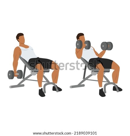 Man doing incline dumbbell curl. Flat vector illustration isolated on different layers. Workout character