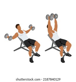 Man doing Incline dumbbell fly exercise. Flat vector illustration isolated on white background