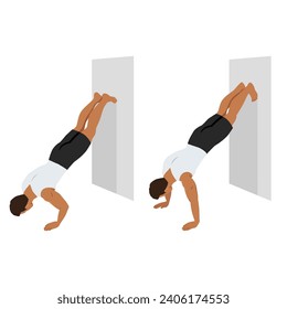 Man doing inverted wall push up exercise. Flat vector illustration isolated on white background