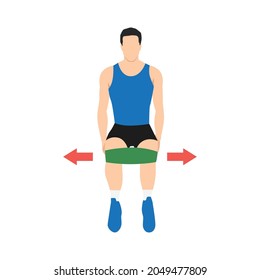 Man doing Isometric Hip abduction with band Resistance band exercise. Flat vector illustration isolated on white background