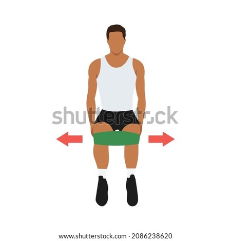 Man doing Isometric Hip abduction with band Resistance band exercise. Flat vector illustration isolated on white background