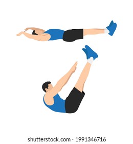 Man doing Jackknife sit ups. crunch. toe touches exercise. Flat vector illustration isolated on white background