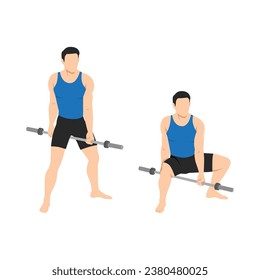 Man doing jefferson squat exercise with bar. Flat vector illustration isolated on white background