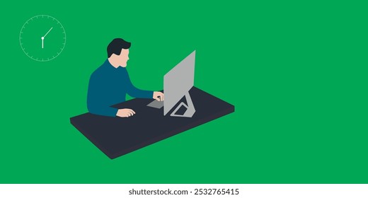 Um homem está fazendo trabalho por computador com tema de ilustração de fundo verde, freelancer por computador com tema de ilustração editável