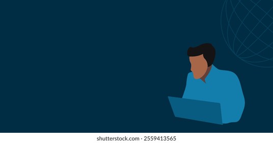 A man is doing job by computer with green color background illustration theme, freelancing by computer with editable illustration theme