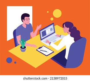 A man doing job interview, a lady is an interviever. colleagues are having business talk. 2 people are having conversation and sit at 2 side of the table. Hr manager and candidate.