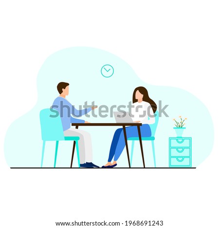 A man doing job interview, a lady is an interviever. colleagues are having business talk. 2 people are having conversation and sit at 2 side of the table. Hr manager and candidate.