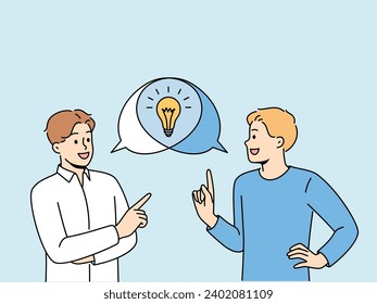 Man is doing joint brainstorming session, discussing ideas for making money, standing near speech bubbles with light bulb. Teamwork of student guys using brainstorming to find consensus