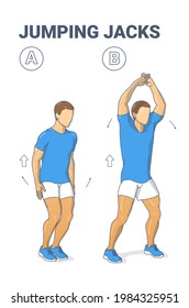 Man Doing Jumping Jacks Home Workout Exercise Diagram. Star Jumps Fitness Illustration. An Athletic Male in Sportswear Does the Side Straddle Hop Sequentially Guidance Vector.