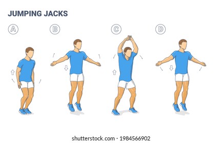 Man Doing Jumping Jacks Home Workout Exercise Diagram. Star Jumps Fitness Illustration. An Athletic Guy in Sportswear Does the Side Straddle Hop Sequentially Guidance Vector.