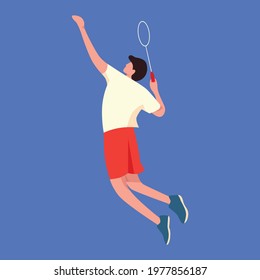 A man doing a jumping smash. Badminton player wearing a white and red jersey. Sport flat illustrations.