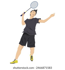 man doing jumping smash, badminton player vector illustration