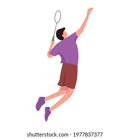 A man doing a jumping smash. A man playing badminton. Sport flat illustrations.