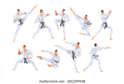 Man Doing Karate in Various Poses Set, Male Fighter Character in White Kimono Practicing Traditional Japan Martial Art Cartoon Style Vector Illustration