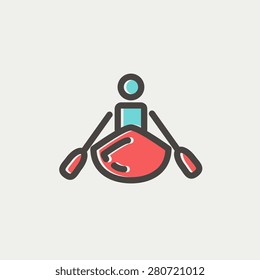 Man doing kayaking icon thin line for web and mobile, modern minimalistic flat design. Vector icon with dark grey outline and offset colour on light grey background.