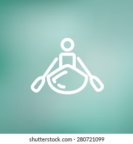 Man doing kayaking icon thin line for web and mobile, modern minimalistic flat design. Vector white icon on gradient mesh background.