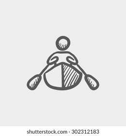 Man doing kayaking sketch icon for web and mobile. Hand drawn vector dark grey icon on light grey background.