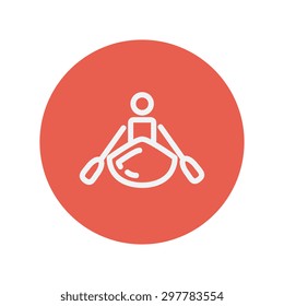 Man doing kayaking thin line icon for web and mobile minimalistic flat design. Vector white icon inside the red circle.