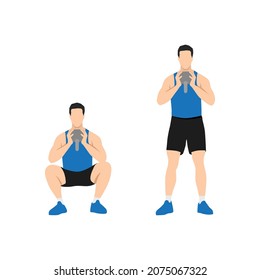 Man doing Kettle bell goblet squat exercise. Flat vector illustration isolated on white background. workout character set