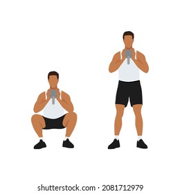 Man doing Kettle bell goblet squat exercise. Flat vector illustration isolated on white background. workout character set