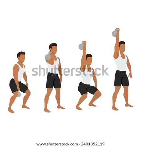Man doing kettlebell clean and jerk exercise. Flat vector illustration isolated on white background