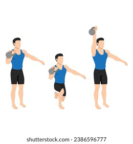 Man doing kettlebell offset reverse lunge and press exercise. Flat vector illustration isolated on white background