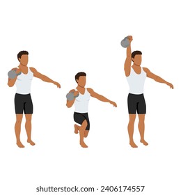 Man doing kettlebell offset reverse lunge and press exercise. Flat vector illustration isolated on white background