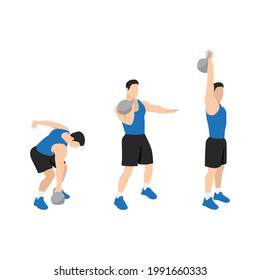 Man doing Kettlebell single arm clean and press exercise. Flat vector illustration isolated on white background