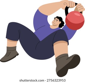 Man doing kettlebell swing exercise, gym workout fitness training illustration, strength training vector