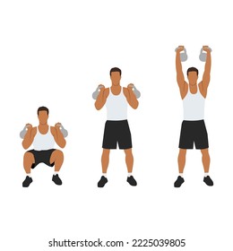 Man doing kettlebell thruster or squat to clean to overhead press exercise. Flat vector illustration isolated on white background